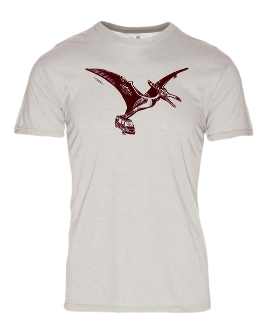 Graphic tee with pterodactyl carrying camper van illustration, ideal for vanlife, adventure travel, overlanding, camper van, Class B RV, expedition vehicle enthusiasts.