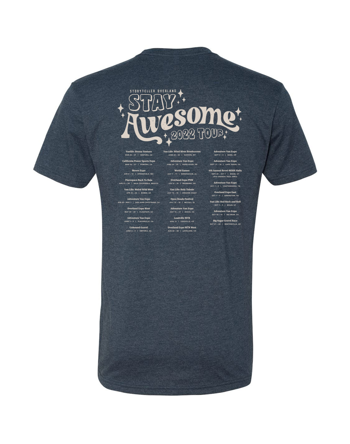 Navy t-shirt back with Stay Awesome 2022 Tour design, ideal for camper van, van life, overland fans