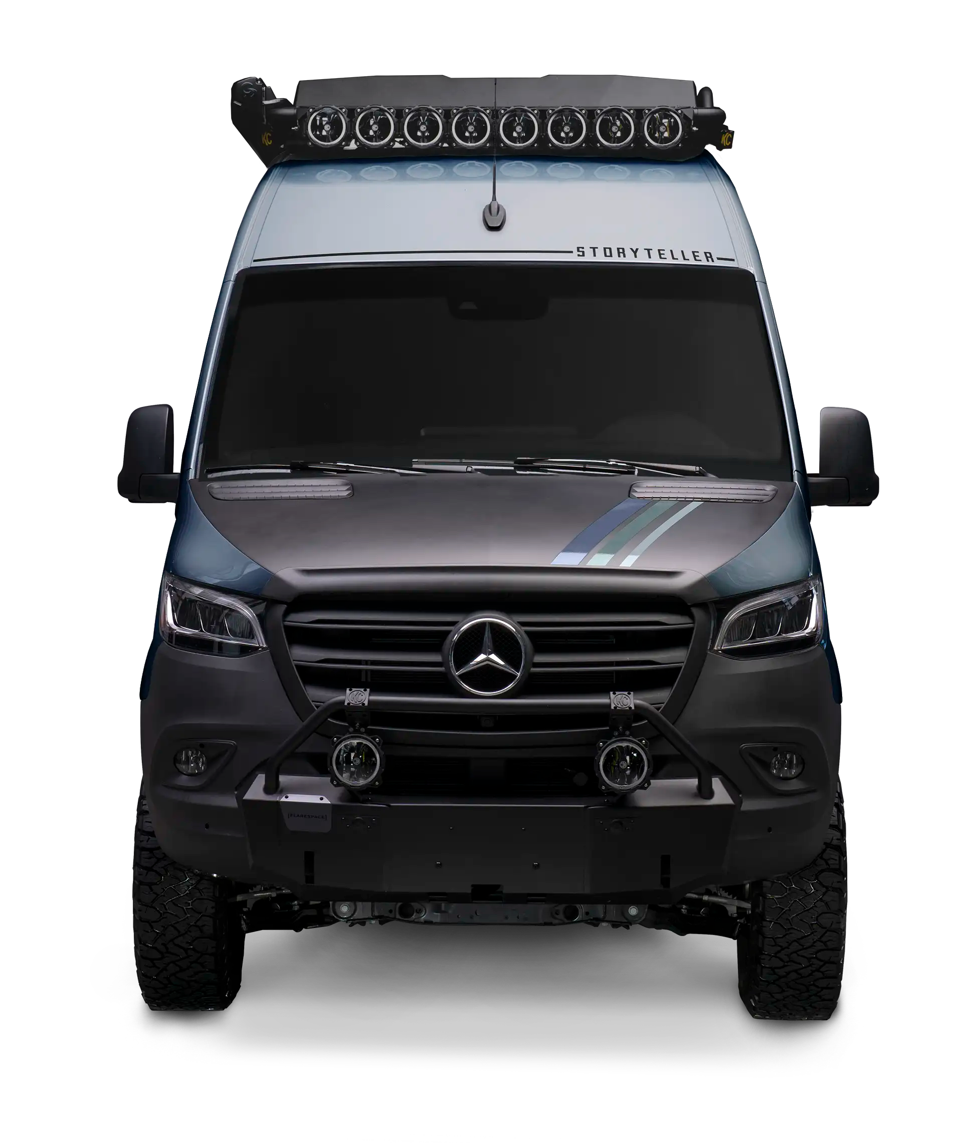Overlanding 4x4 van with roof lights and rugged tires, perfect for adventure travel and van life.