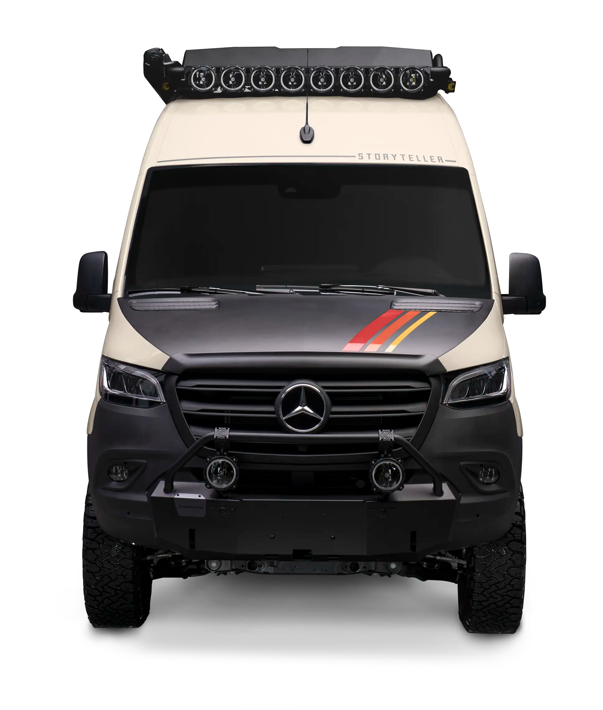 Offroad 4x4 van with roof lights, rugged tires, and adventure-ready build for overlanding and van life.