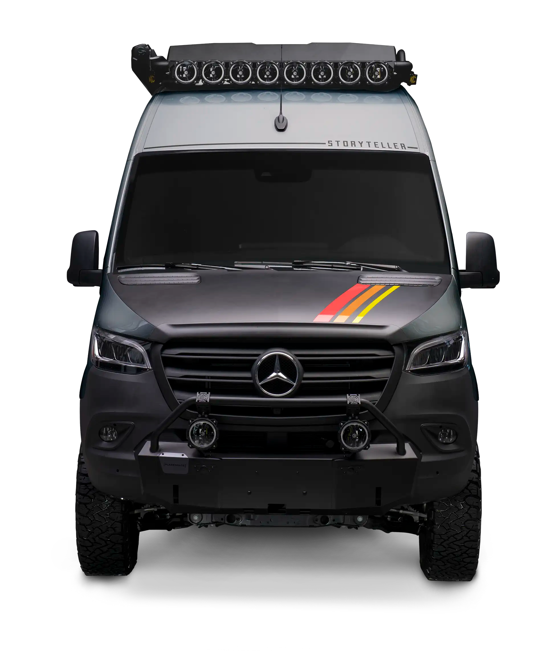 Storyteller MODE 4x4 adventure van with roof lights, off-road tires, and custom front bumper for overlanding and vanlife
