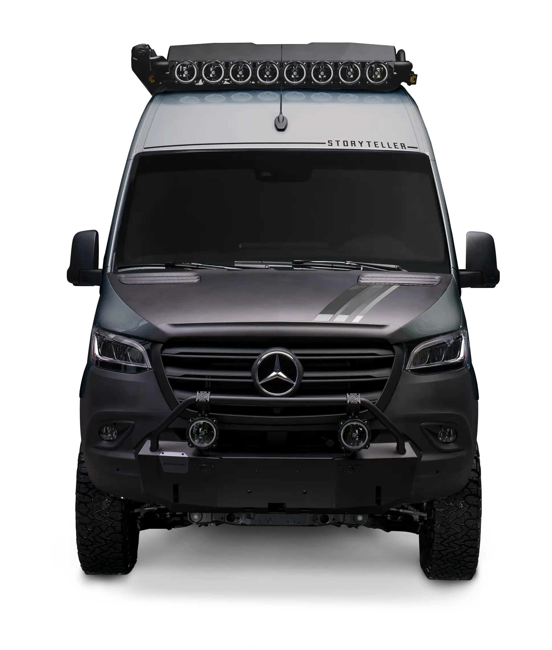 Storyteller MODE 4x4 adventure van with roof lights and offroad bumper, built for overlanding and vanlife