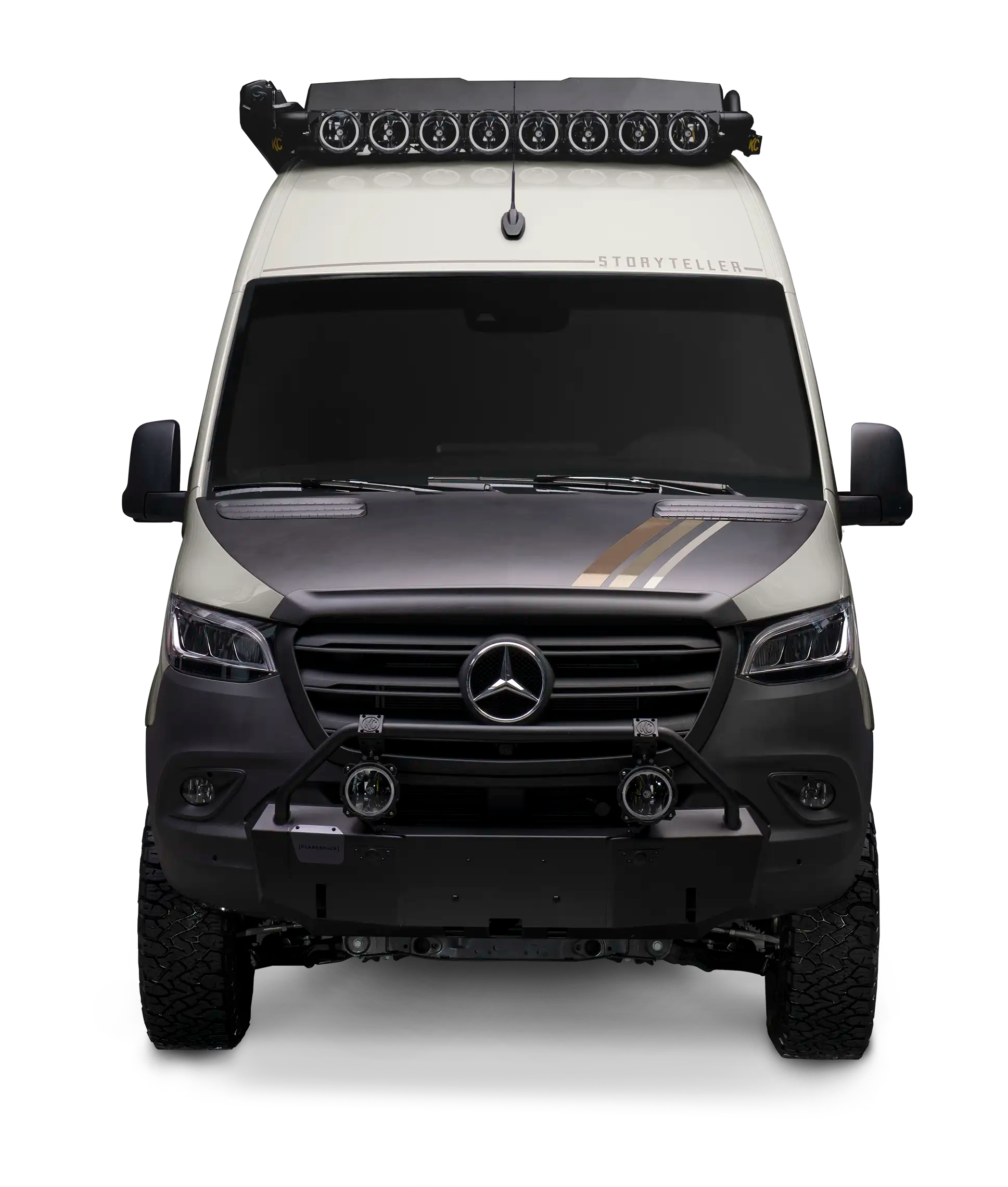 Storyteller MODE 4x4 adventure van with roof lights and offroad bumper, built for overlanding and vanlife