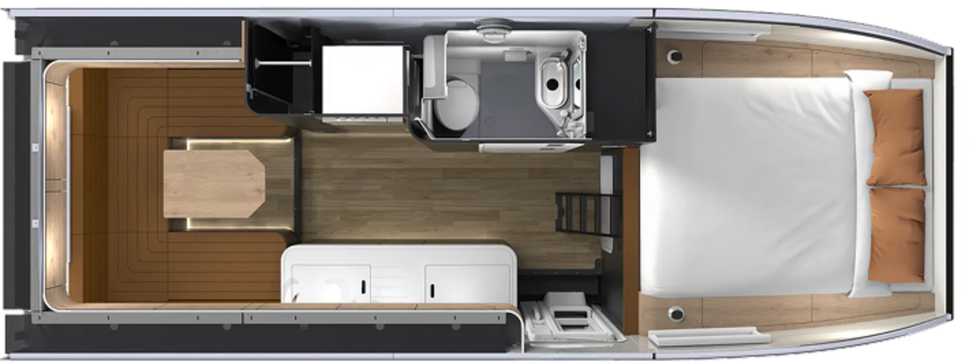 Camper van floor plan with bed, bathroom, kitchen, dinette area for overland adventure travel