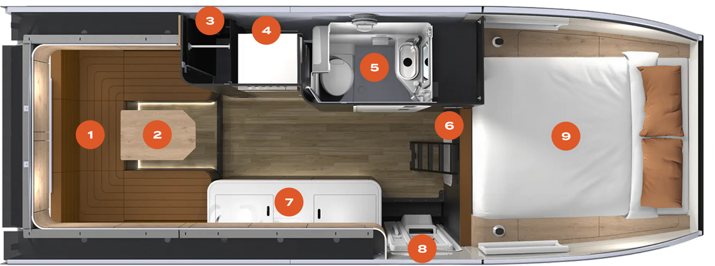 Camper van floor plan with labeled living area, kitchen, wet bath, bed and storage, ideal for adventure van, Class B RV, overland road trips, vanlife, and nomadic lifestyle.