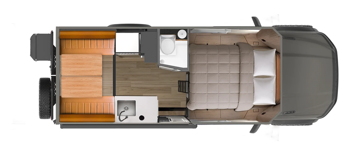 Overhead view of a compact camper van with bed, kitchen, and bathroom for vanlife adventures.