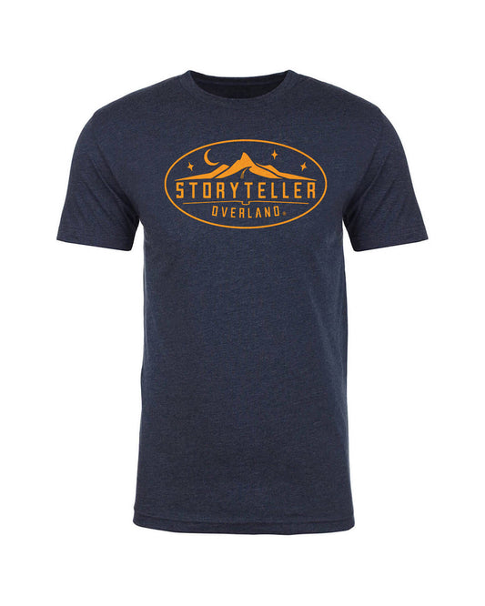 Navy t-shirt with 'Storyteller Overland' Camper Van, , Adventure Van, Class B RV, Overland, Live Free, Explore Endlessly, Tell Better Stories