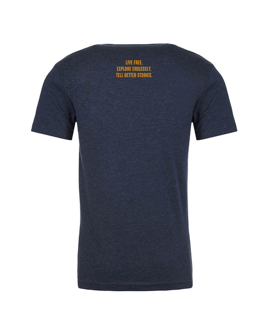 Navy t-shirt with Live Free, Explore Endlessly, Tell Better Stories. Adventure Van, Class B RV, Overland, Storyteller Overland