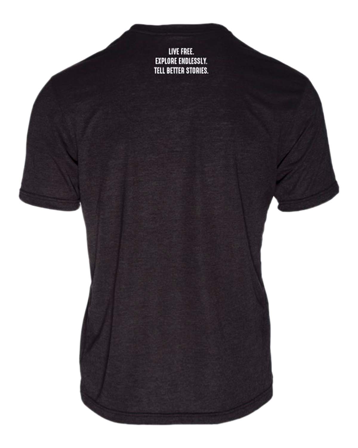 Black t-shirt with 'Live Free. Explore Endlessly. Tell Better Stories.' on back, ideal for vanlife, campervan, overland, adventure travel, road trip, nomadic lifestyle enthusiasts.