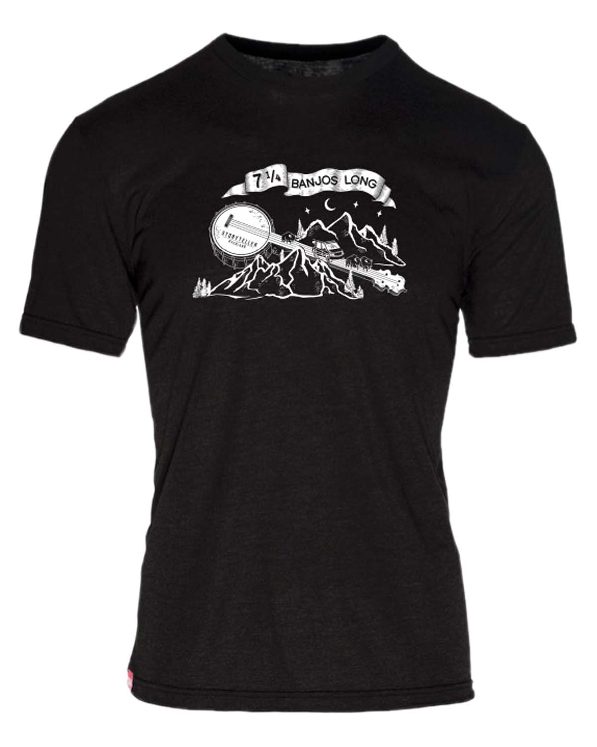 Black t-shirt with mountain, camper van, moon, and banjo graphic, perfect for adventure van, overland, vanlife, road trip, campervan, and Class B RV enthusiasts.