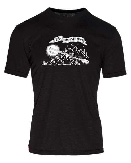 Black t-shirt with mountain, camper van, moon, and banjo graphic, perfect for adventure van, overland, vanlife, road trip, campervan, and Class B RV enthusiasts.
