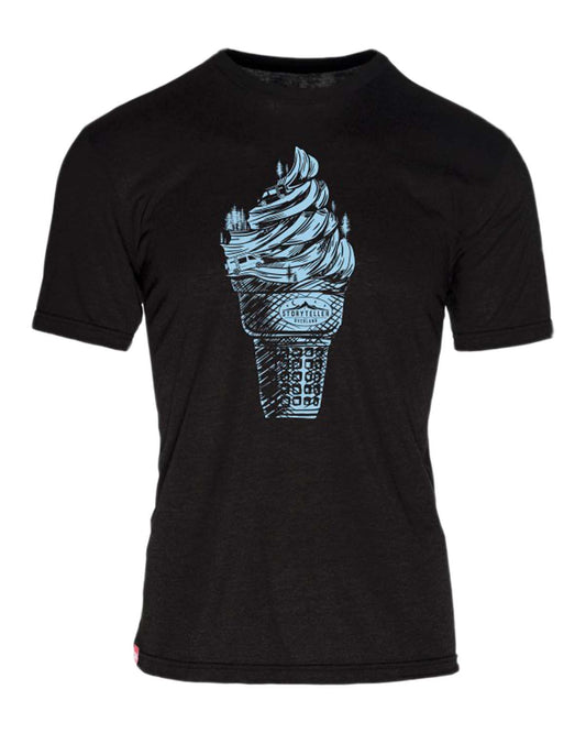 Black t-shirt featuring a blue ice cream cone with forest and camper van, Vanlife, Adventure Rig
