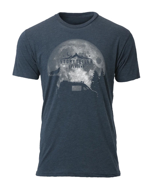 Navy t-shirt with graphic of Sprinter 4x4 camper van, moon, wolf, trees, adventure van theme