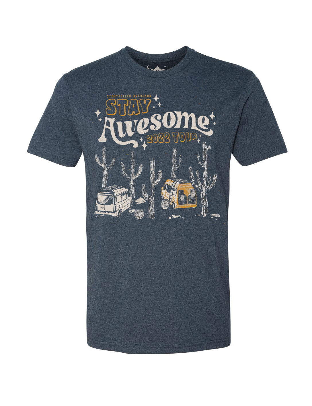 Navy t-shirt with Stay Awesome 2022 Tour graphic, cactus, and illustrated camper vans, perfect for vanlife, adventure travel, overlanding, and road trip enthusiasts.